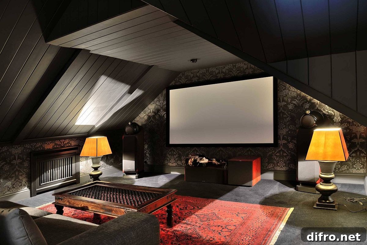 Sophisticated ceiling design accentuates the dramatic appeal of this small home theater in black.