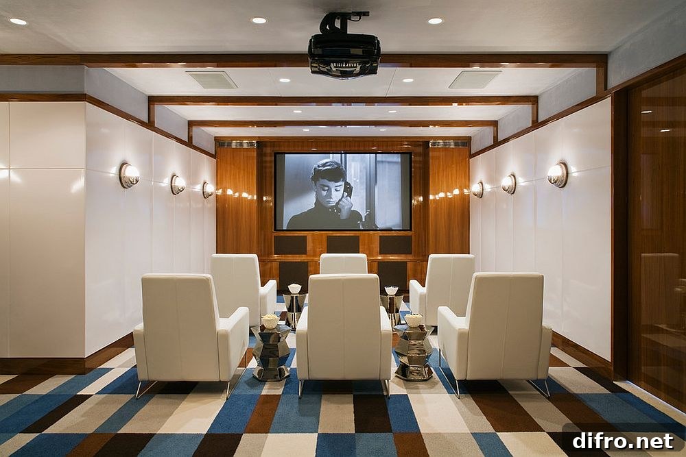 A modern media room in a nook, featuring six white chairs and screen.