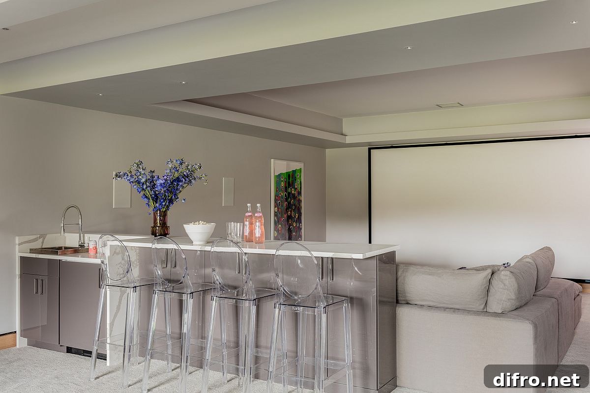 Breakfast bar turned media room using a screen and projector.