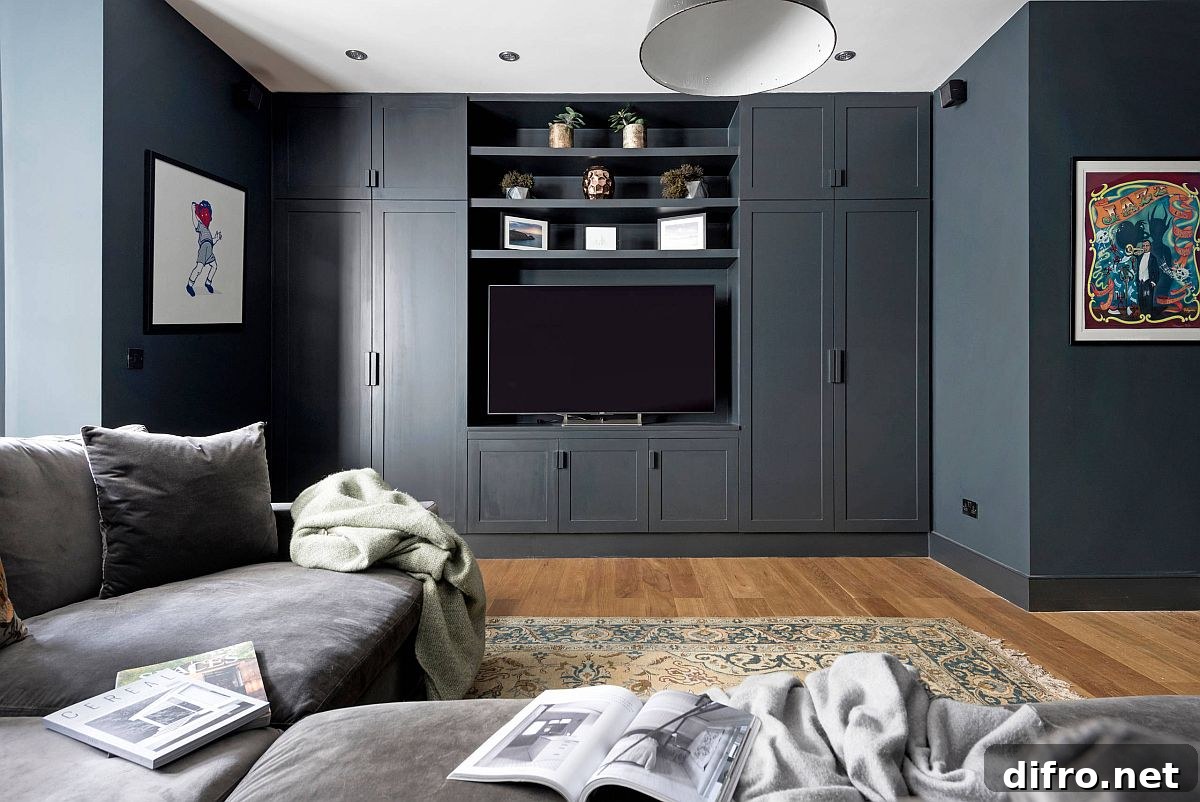 Contemporary media room of London home keeps its design simple and uncomplicated.