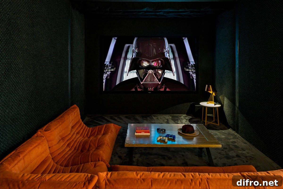 Black home theater in London with a bright Togo Sofa and a projector.