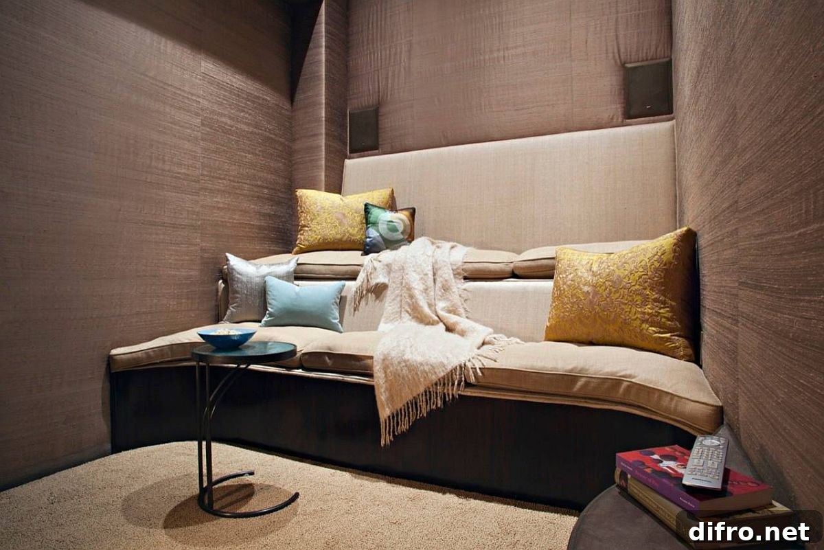 Stadium-style seating in the small home theater saves plenty of space.