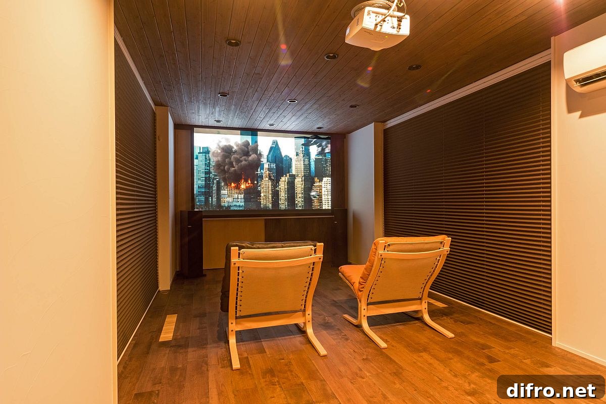 Tiny Asian-style home theater in wood is both warm and unique.