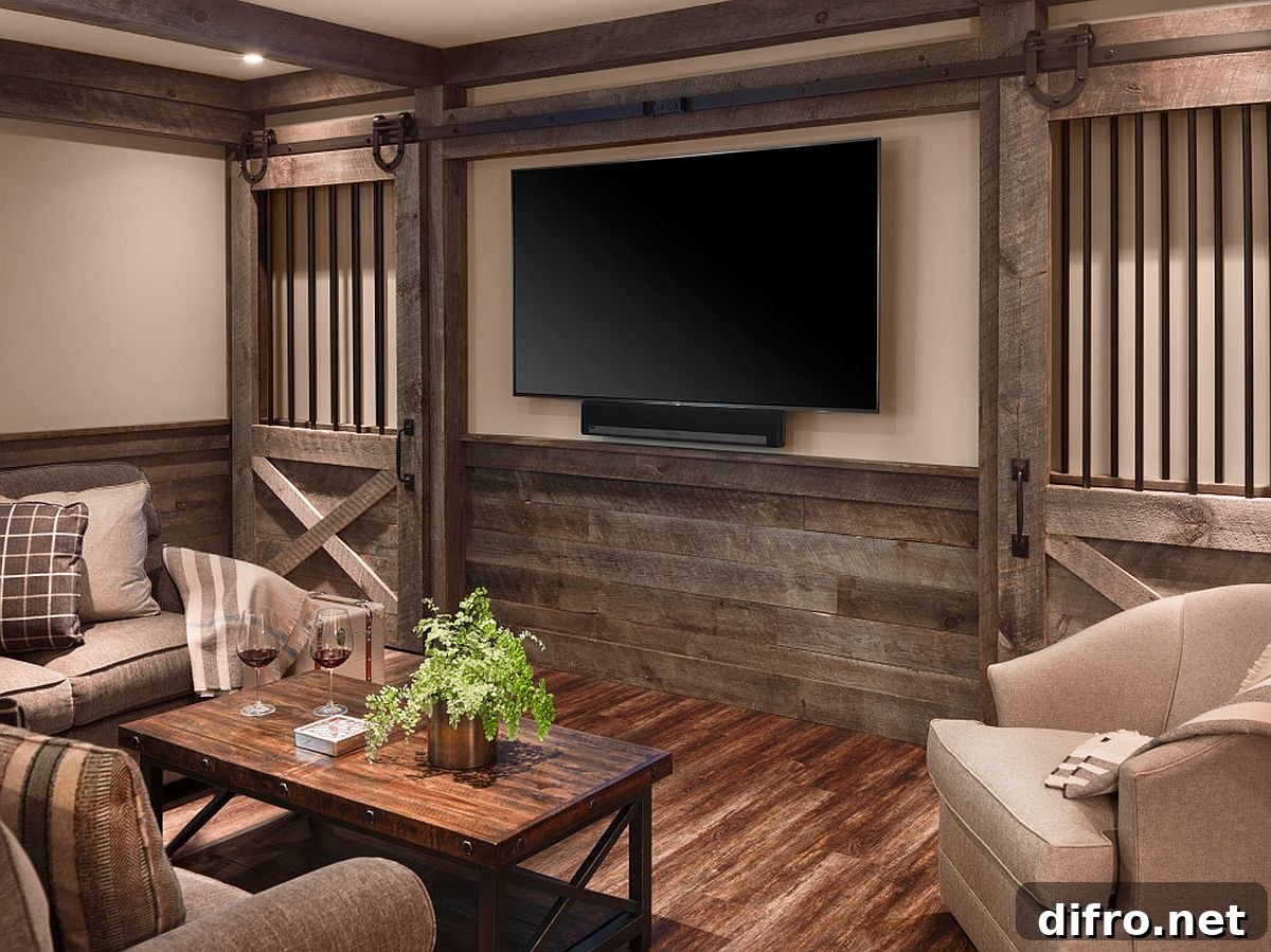 Small farmhouse home theater with walls draped in wood.