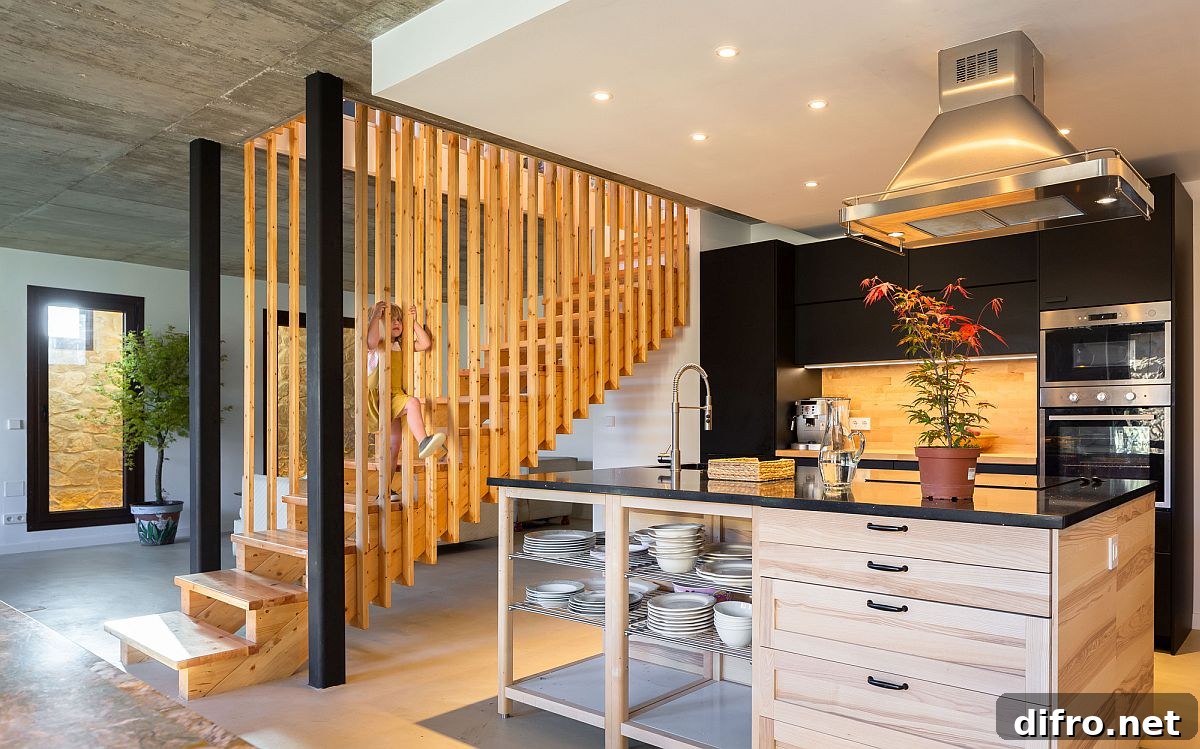 Smart kitchen and wooden staircase