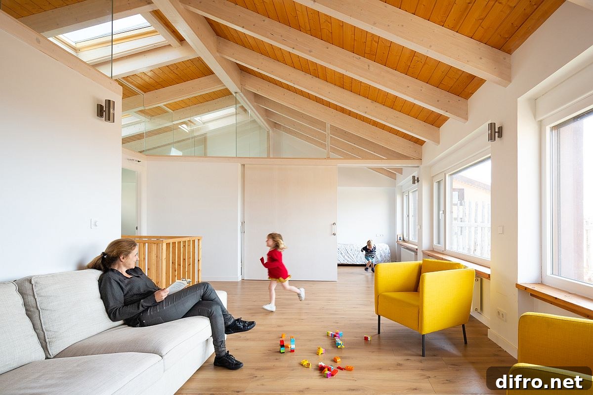 Glass panels on upper partitions offer an uninterrupted view of ceiling beams
