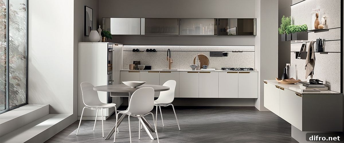 White modern kitchen with translucent glass door cabinets