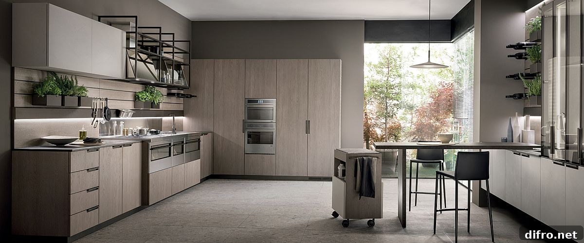 Small rolling cabinet and smart breakfast bar in contemporary kitchen