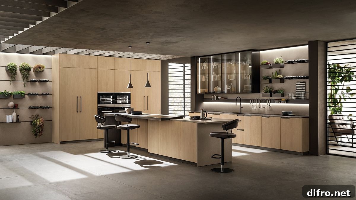 Sophisticated contemporary kitchen with sleek shelves and glass-door cabinets