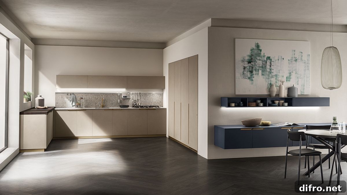 Modular shelves visually linking kitchen with dining room