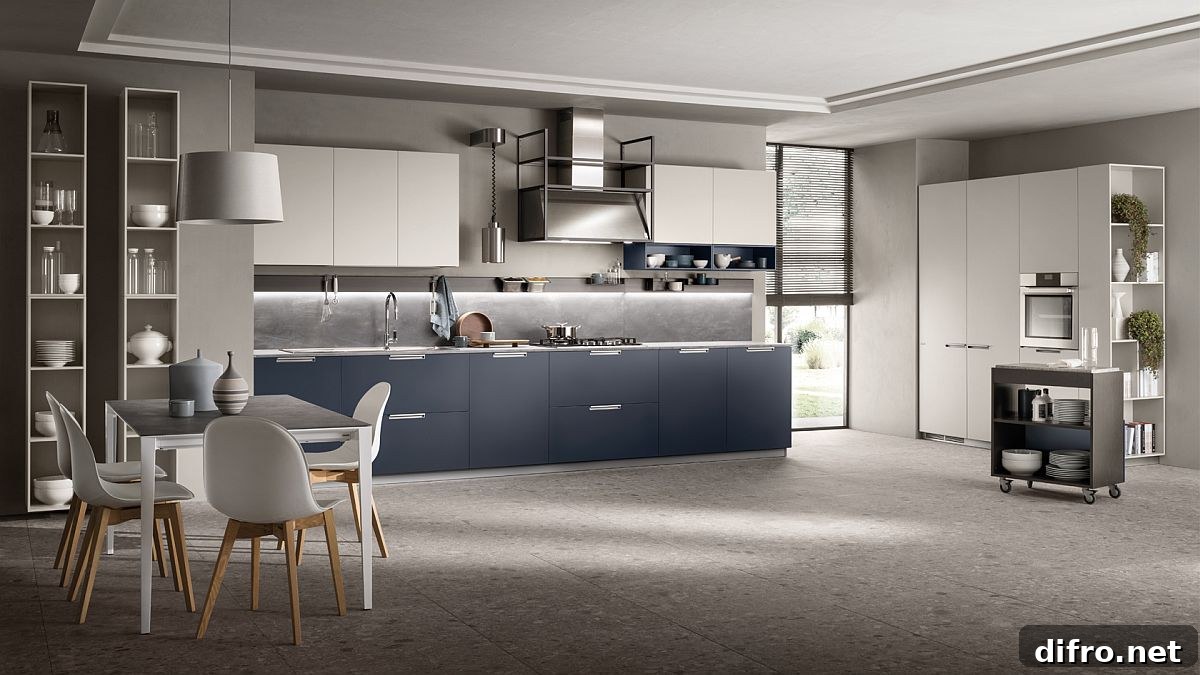 Blue cabinets with white countertops in MIA kitchen