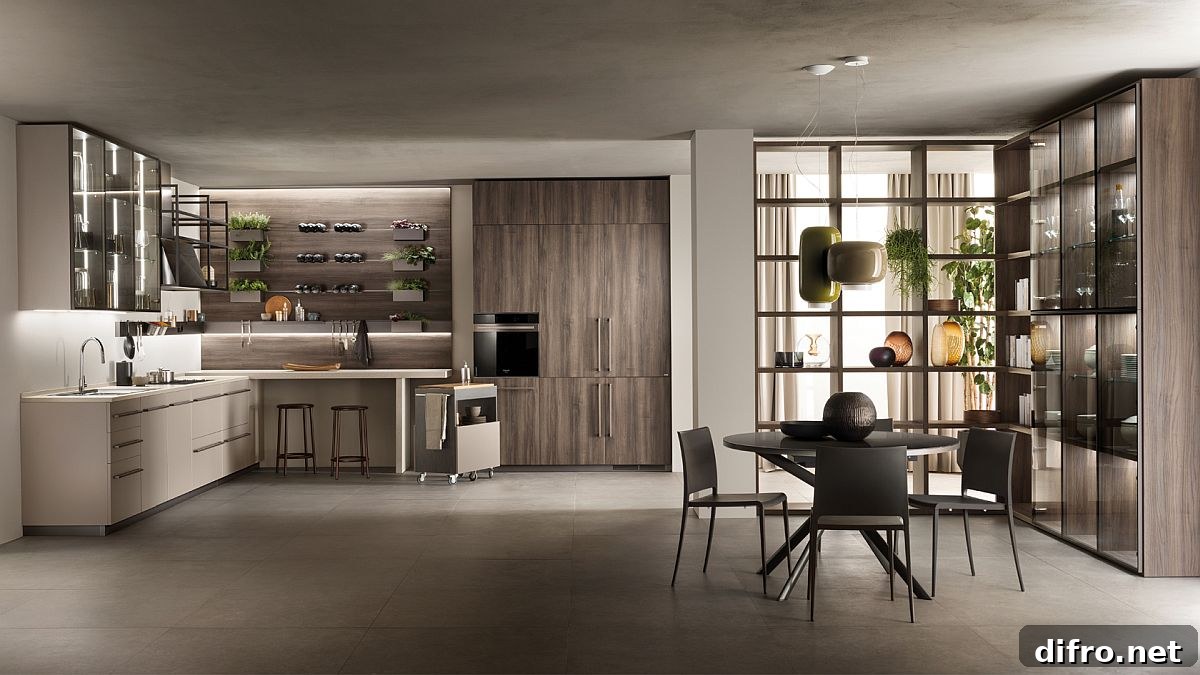 Custom units and modular shelves with wooden doors in MIA kitchen