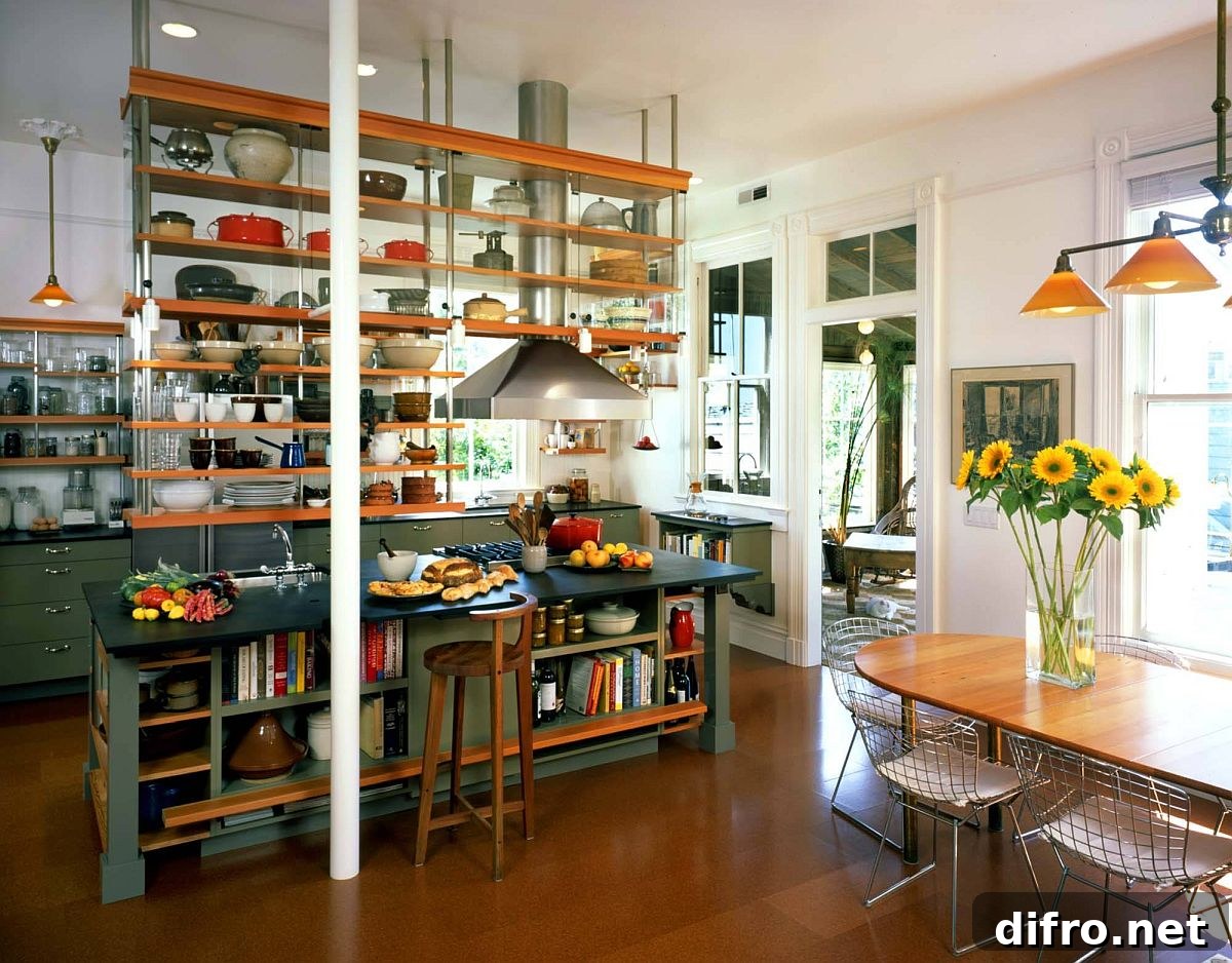 Beautiful kitchen floor made of cork planks with polyurethane coating for the modern industrial kitchen