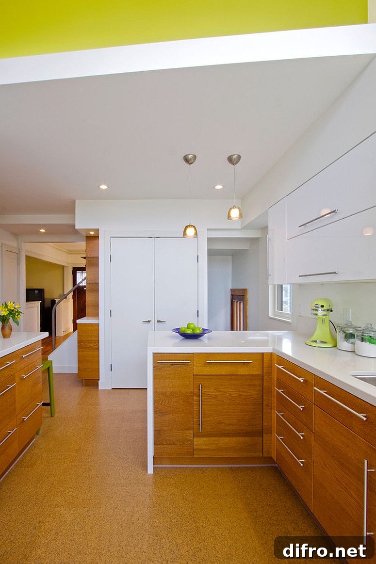 Cork floor in the kitchen complements the wooden shelves beautifully