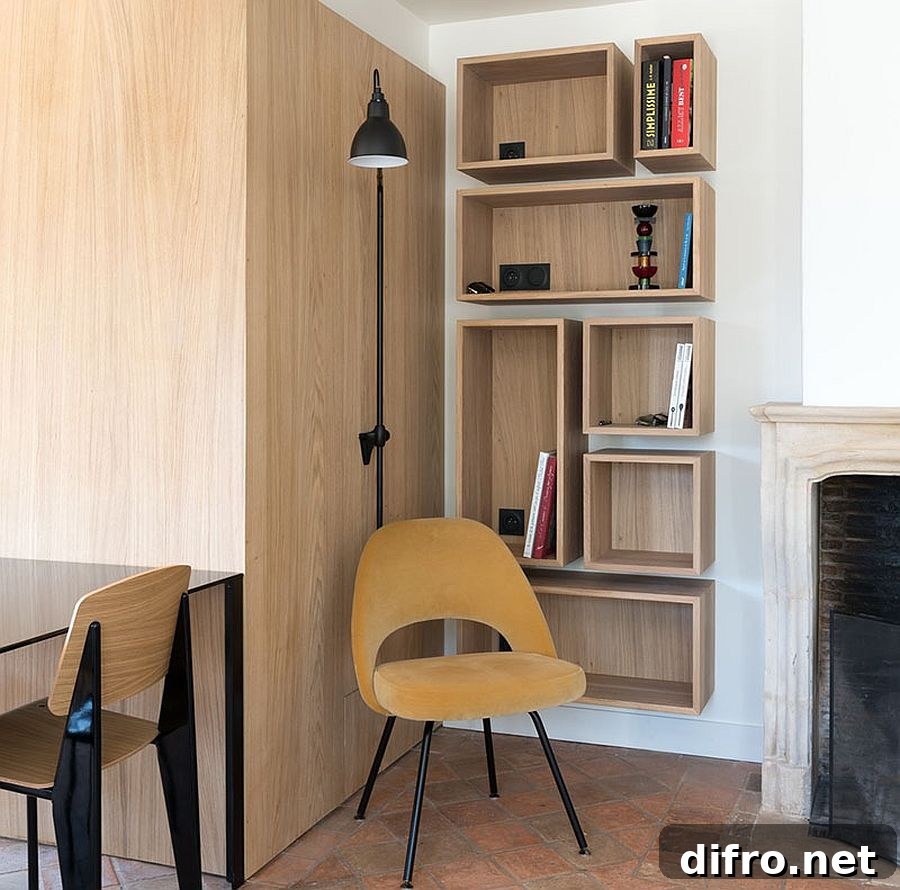 Collection of oak boxes used as wall shelves in the living room