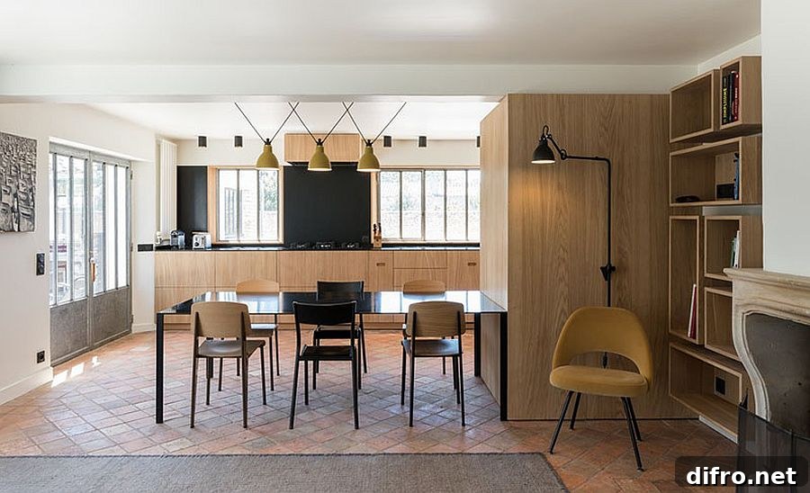 Repeating the same wood throughout the room creates a curated look