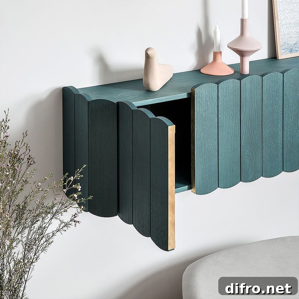 Rounded wooden edges on shelf doors reminiscent of picket fences