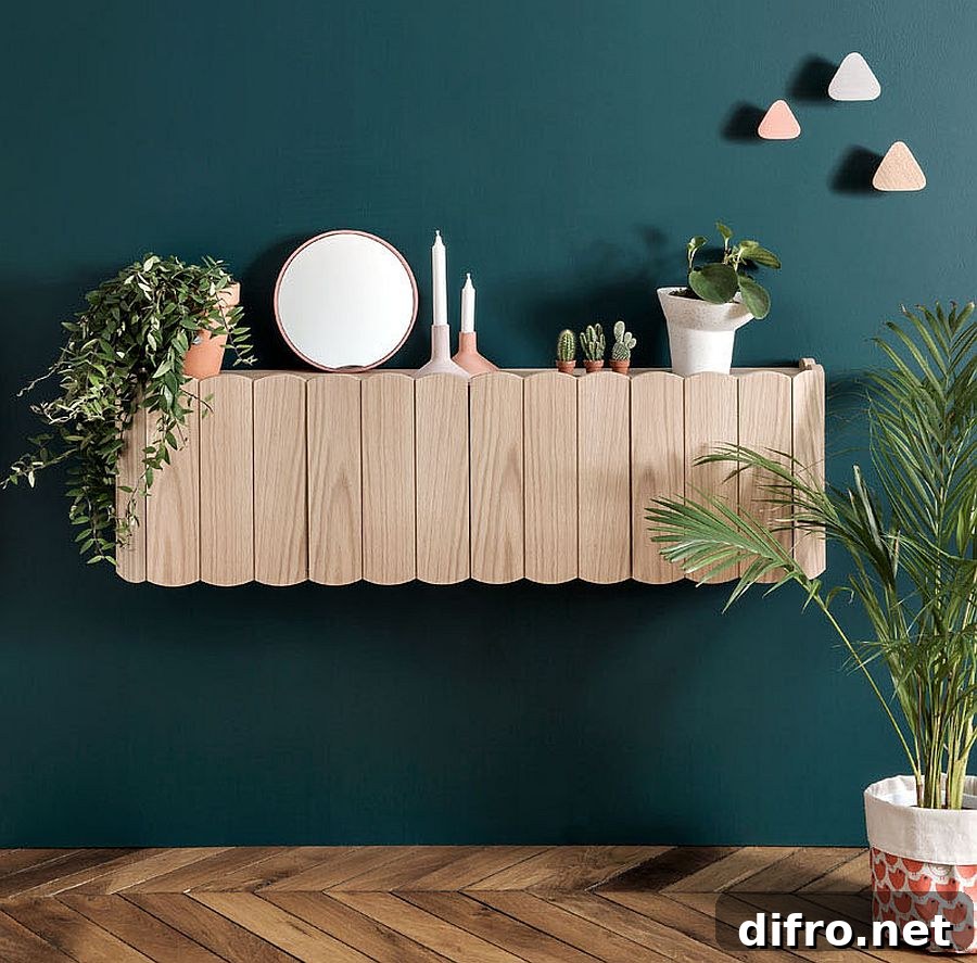 Modern wooden floating shelves inspired by field fences