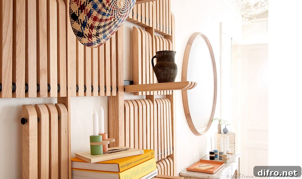 Flexible folding wooden shelves arranged in different configurations