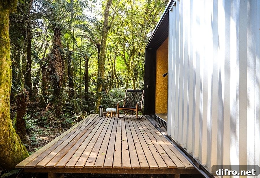 Wooden deck gently floats above ground and allows the homeowners to enjoy the sights and sounds outside