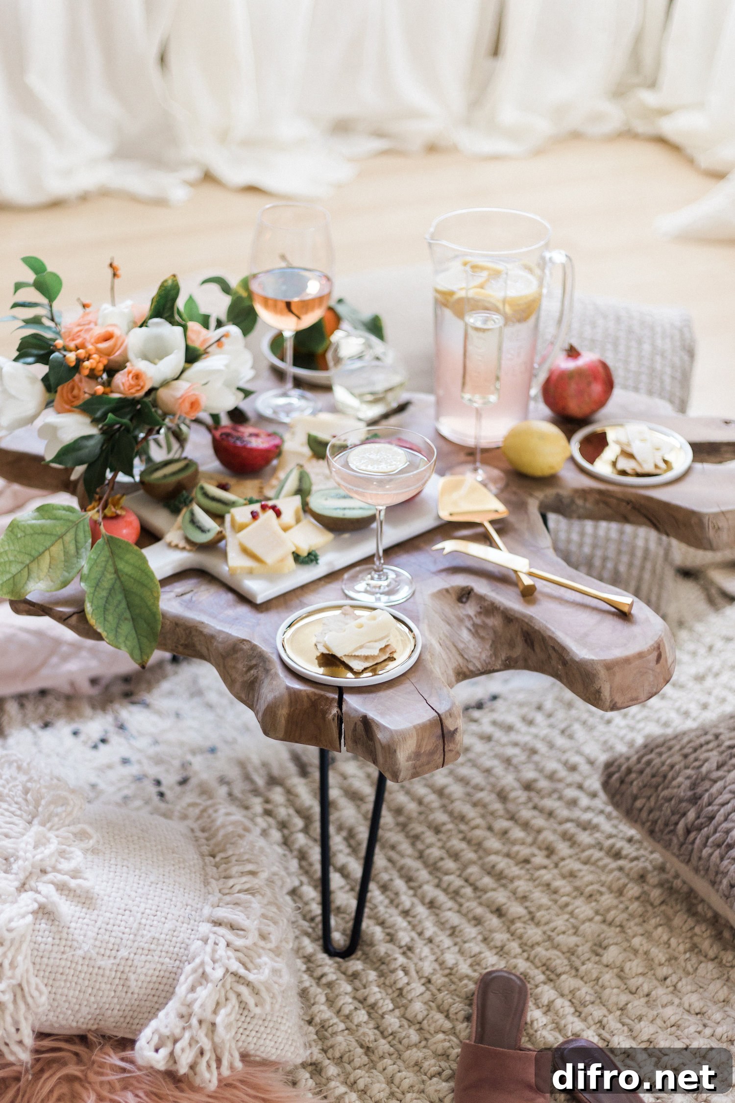 Living room picnic with fresh flowers