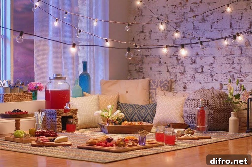 Indoor picnic with string lights