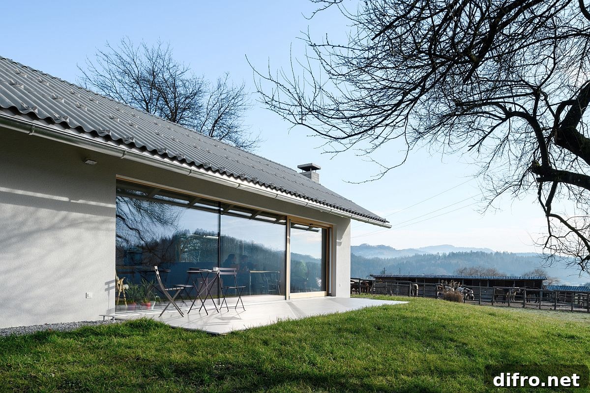 Small modern deck with hill views