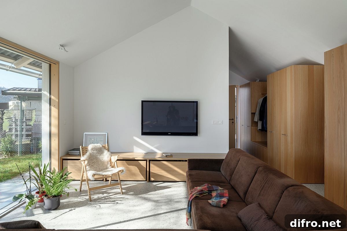 Living room with brown couch