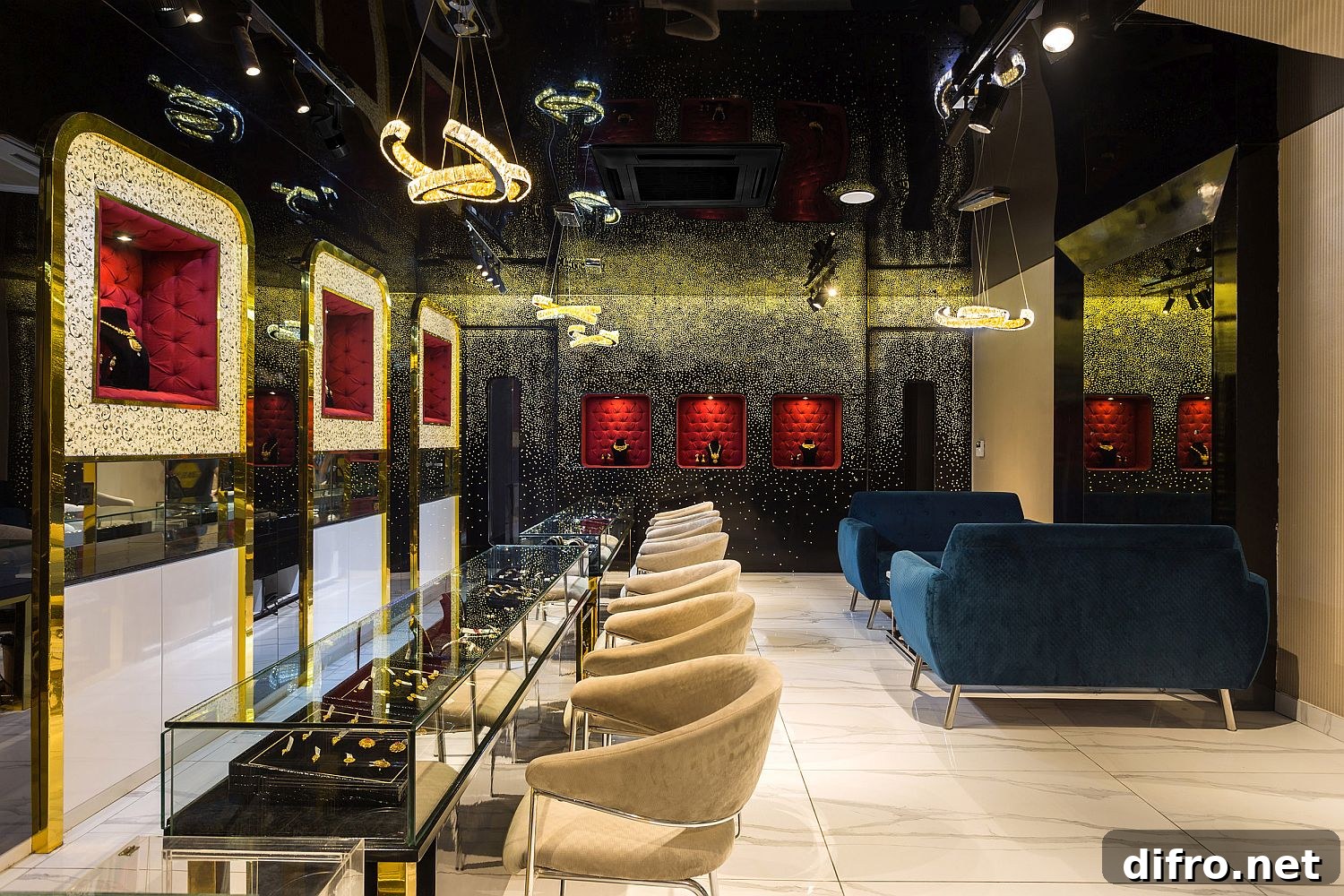 Interior view of Swarn Jewellers showing black and gold palette