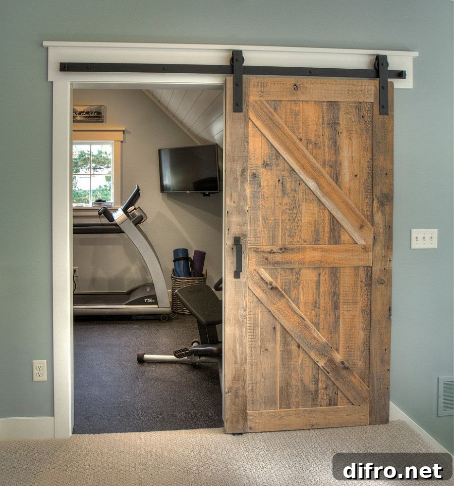 Transitional style home gym behind a sliding barn door