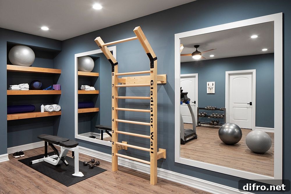 Small home gym with mirror and shelf space