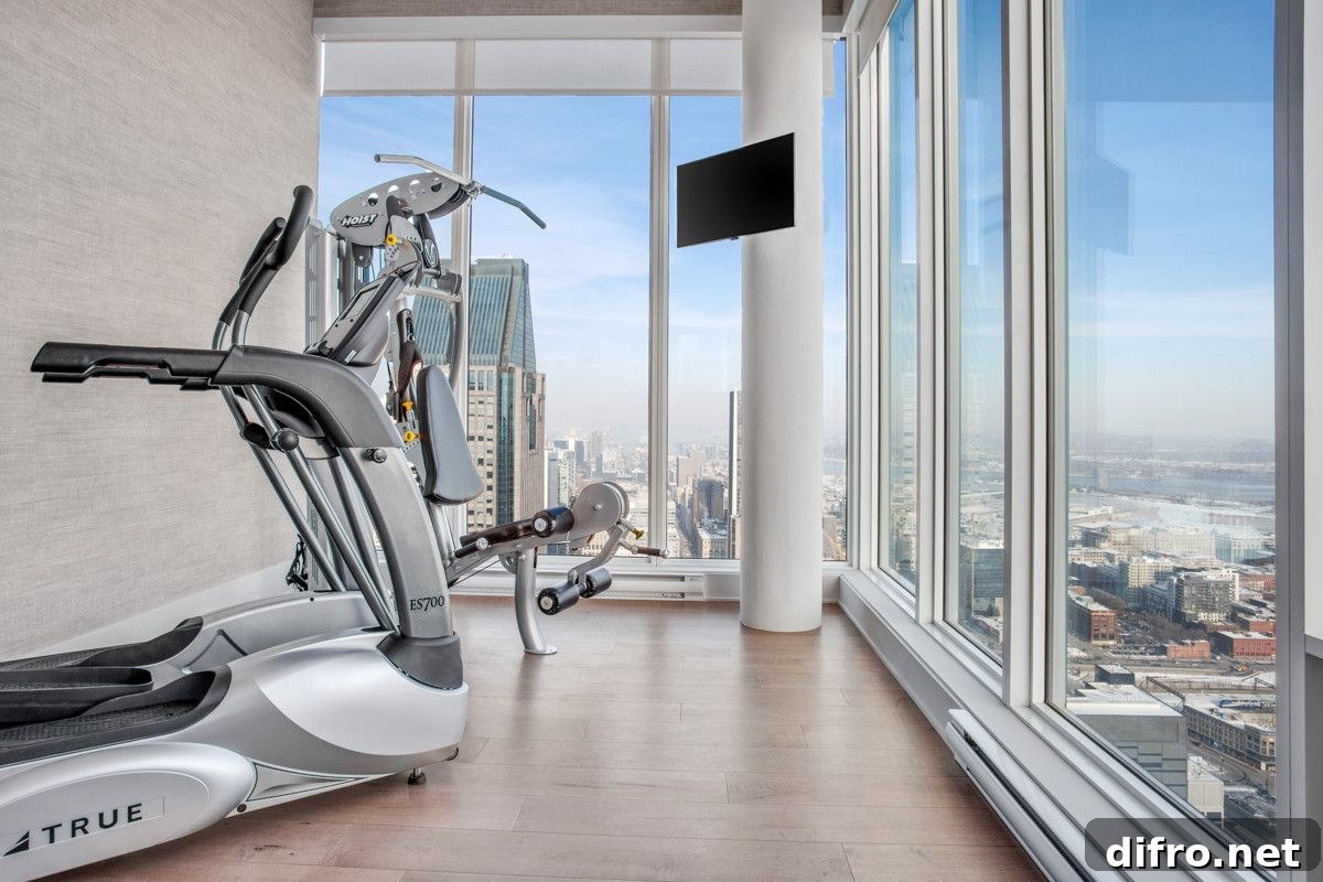 Corner home gym with glass walls and views