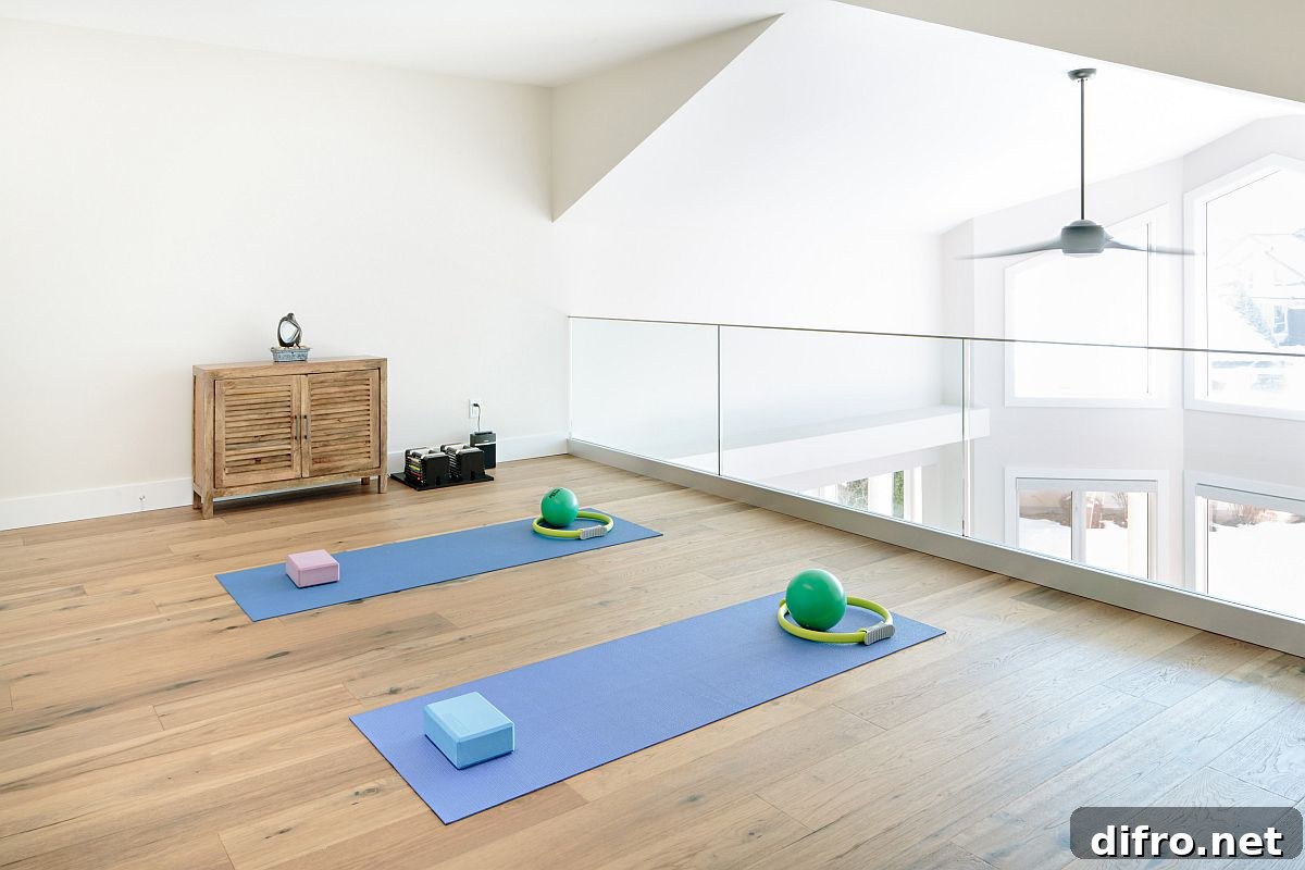 Open staircase landing turned into an airy home workout zone