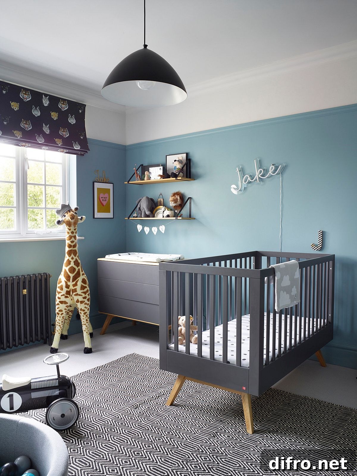 Smart contemporary nursery in white and light blue