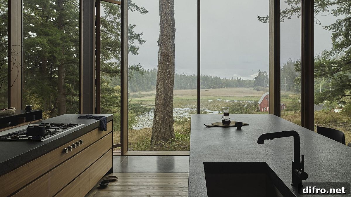 Glass walls framing scenic landscape