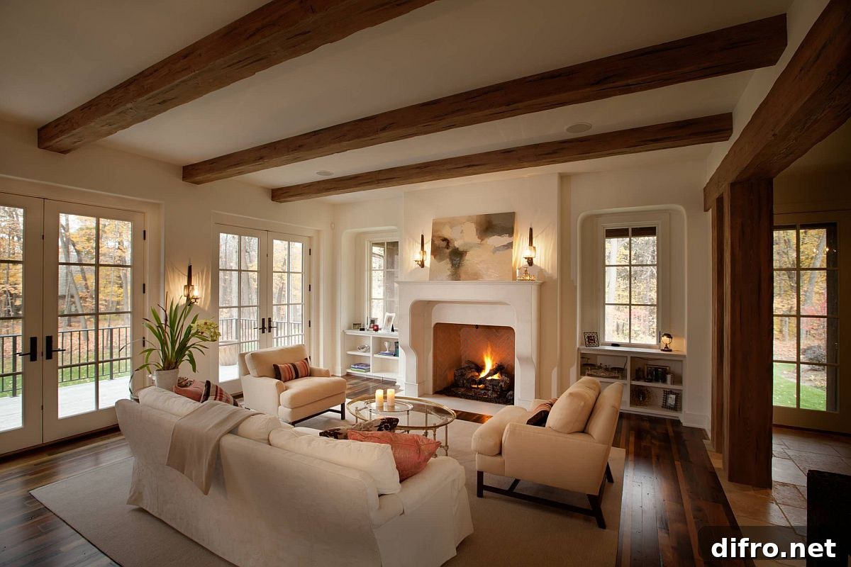 Elegant and cozy living room in white and wood