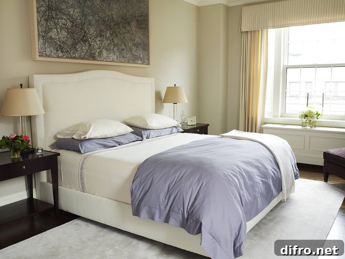Modern bedroom in cream with light violet accents and a hint of greenery