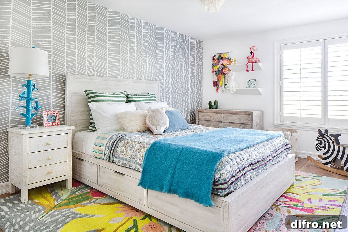Carpet and bedding bring color into this neutral bedroom in gray full of pattern