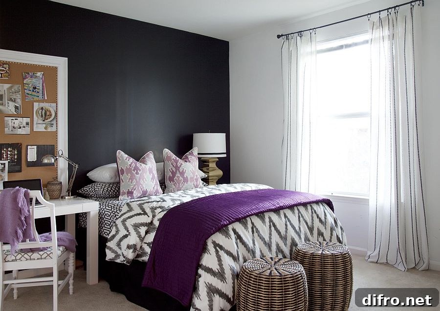 White bedroom with dark gray accent wall and purple accents