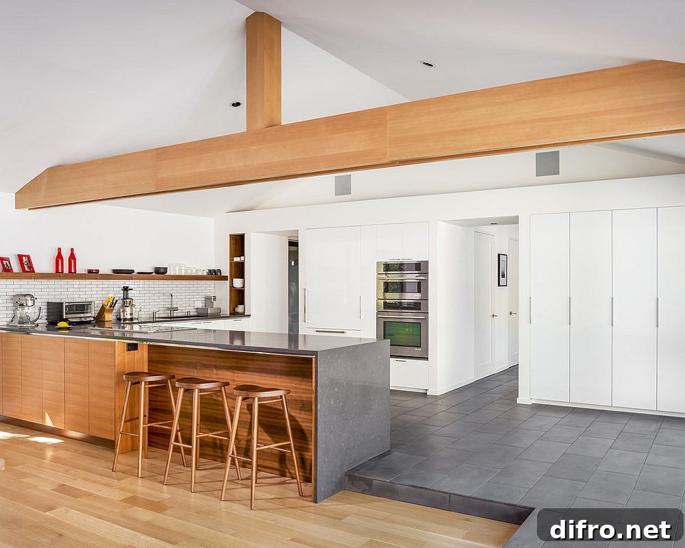 Gray countertops and wooden island