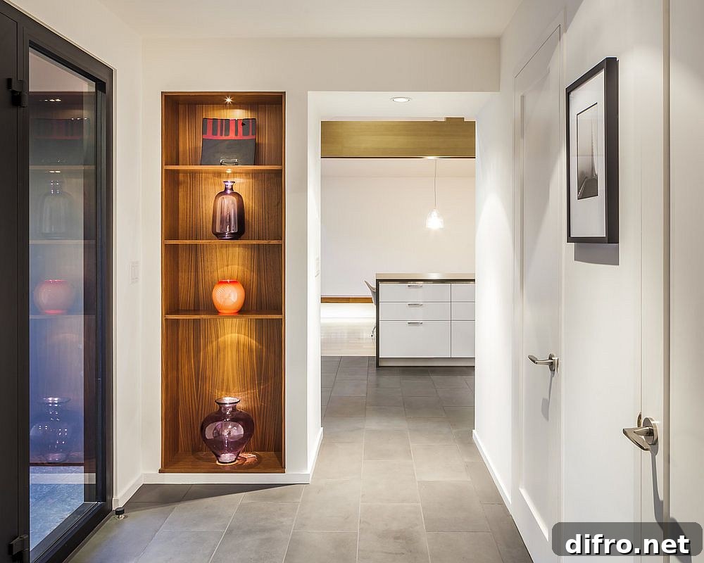 Illuminated wooden corner shelf in the hallway