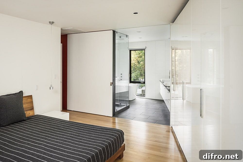 Minimal master bedroom with wood and gray flooring