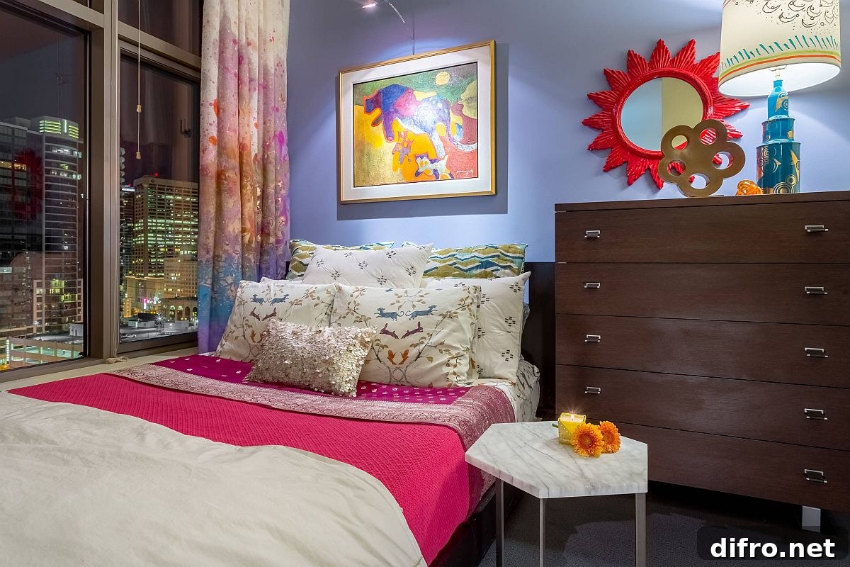 Eclectic small bedroom featuring a city skyline motif