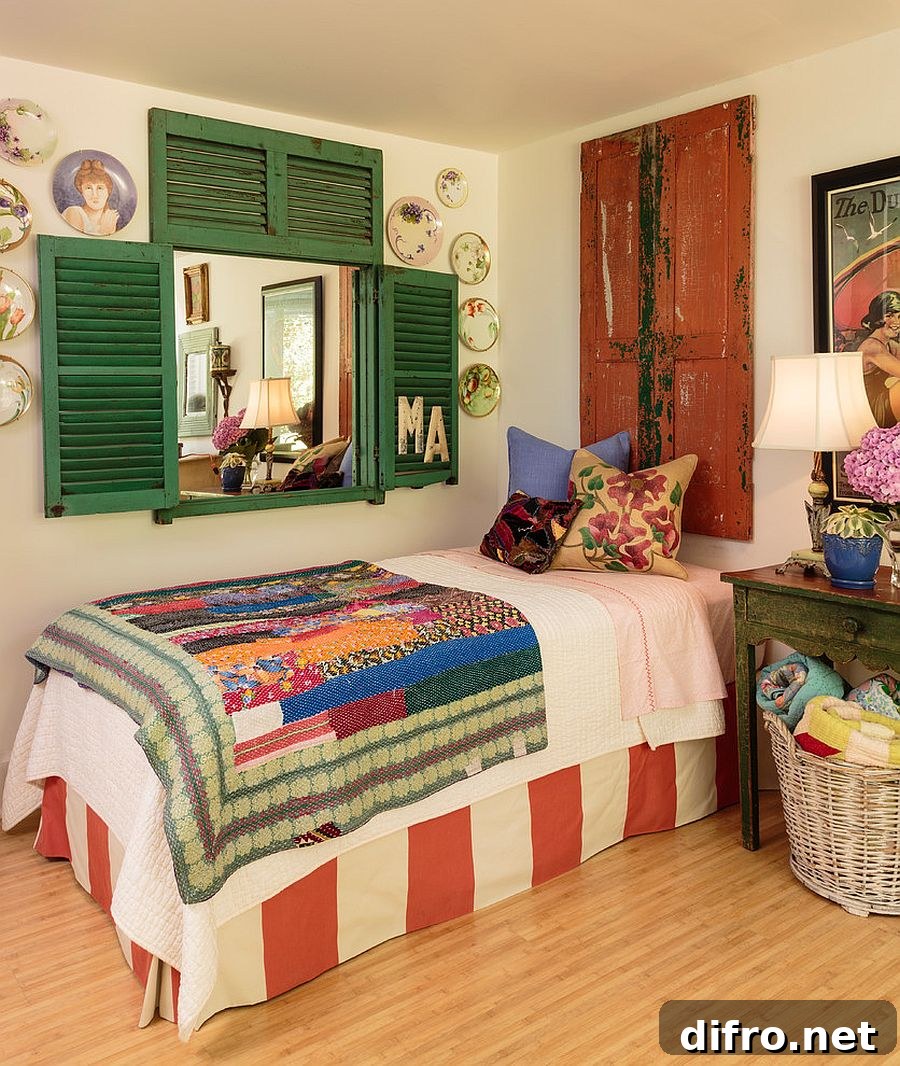 Small shabby chic bedroom with a white backdrop and colorful accents