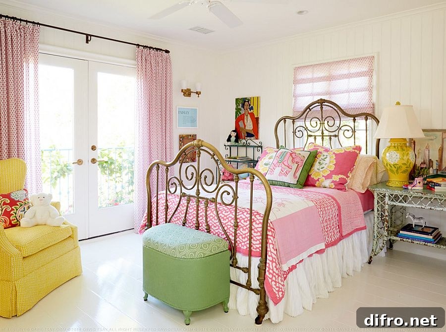 Bedding and accessories add color to a shabby chic bedroom