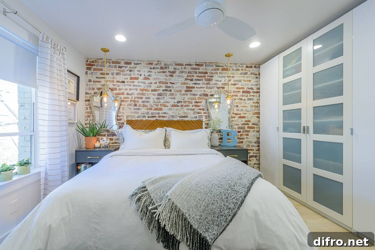 Brick wall adds contrast in a modern shabby chic bedroom