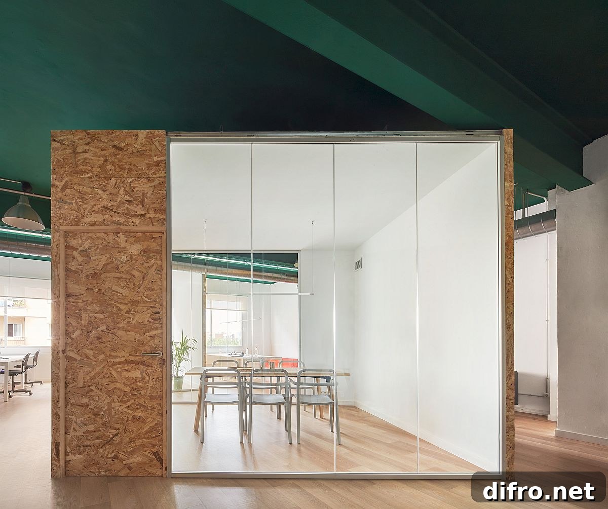 Custom white and wood boxes inside the industrial shell create a modern contrast