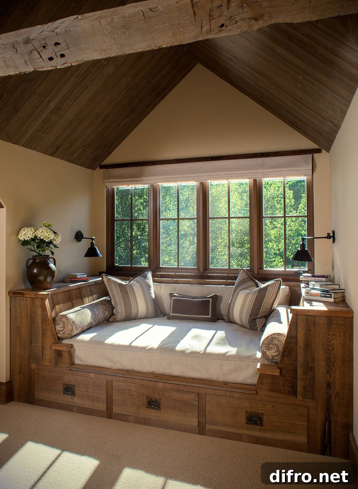 Built-in seating converted into an attic reading nook