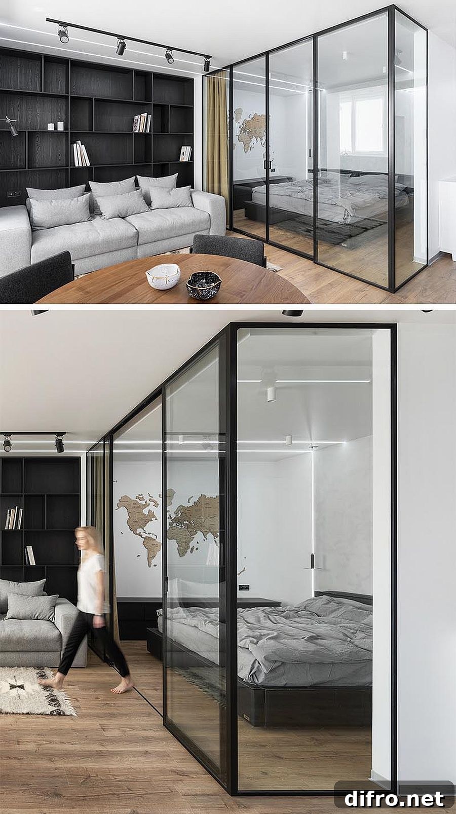 Black-framed glass walls in a contemporary apartment