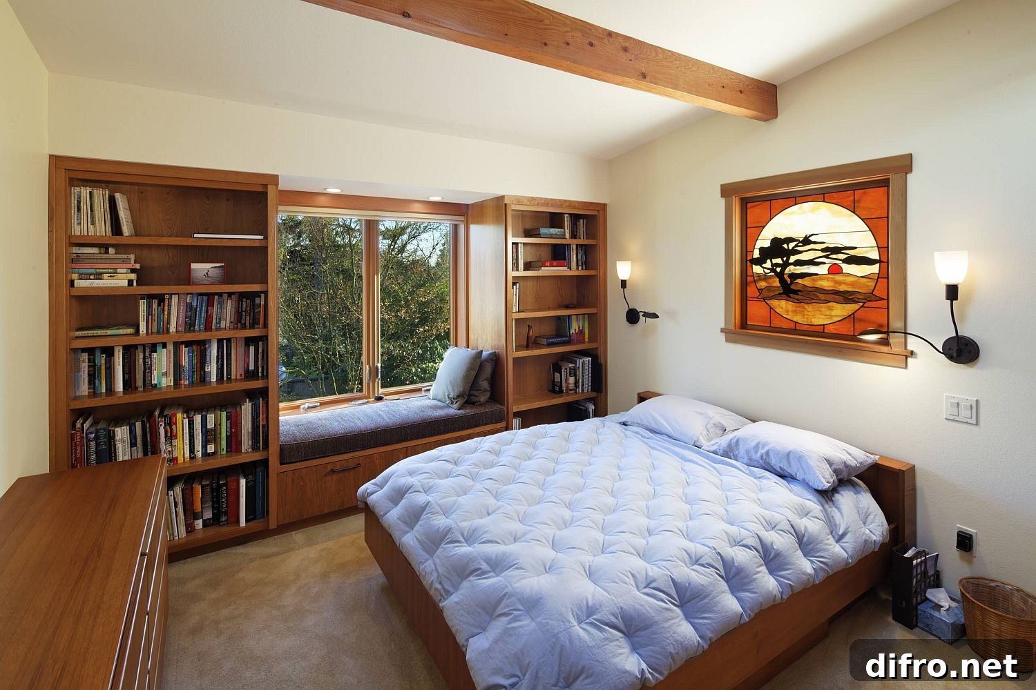 Custom wooden window seat with shelves